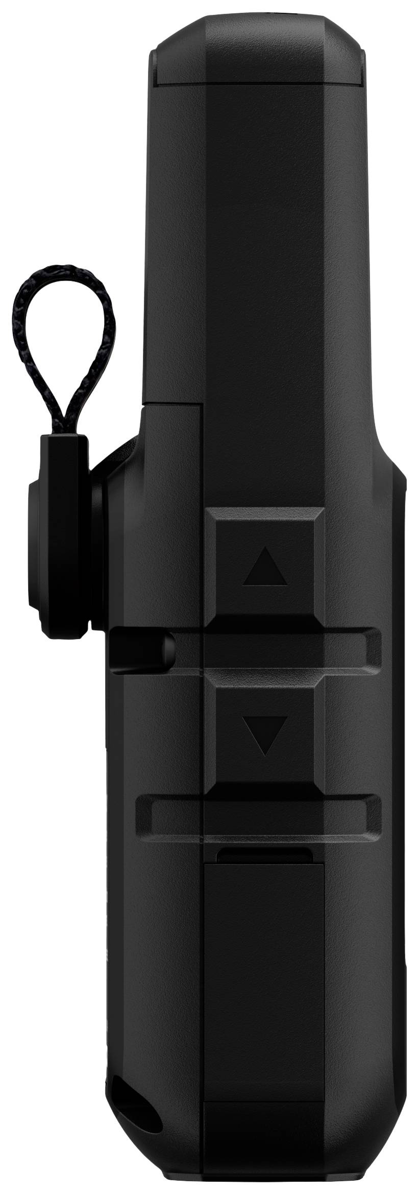 Side view of a black, portable device with a loop strap on the left and two buttons in the centre.