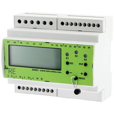 A digital control unit on a DIN rail with a display and multiple connection terminals at the top and bottom.