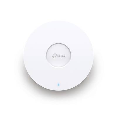 A white, round TP-Link Wi-Fi access point with a small blue LED light on its underside.