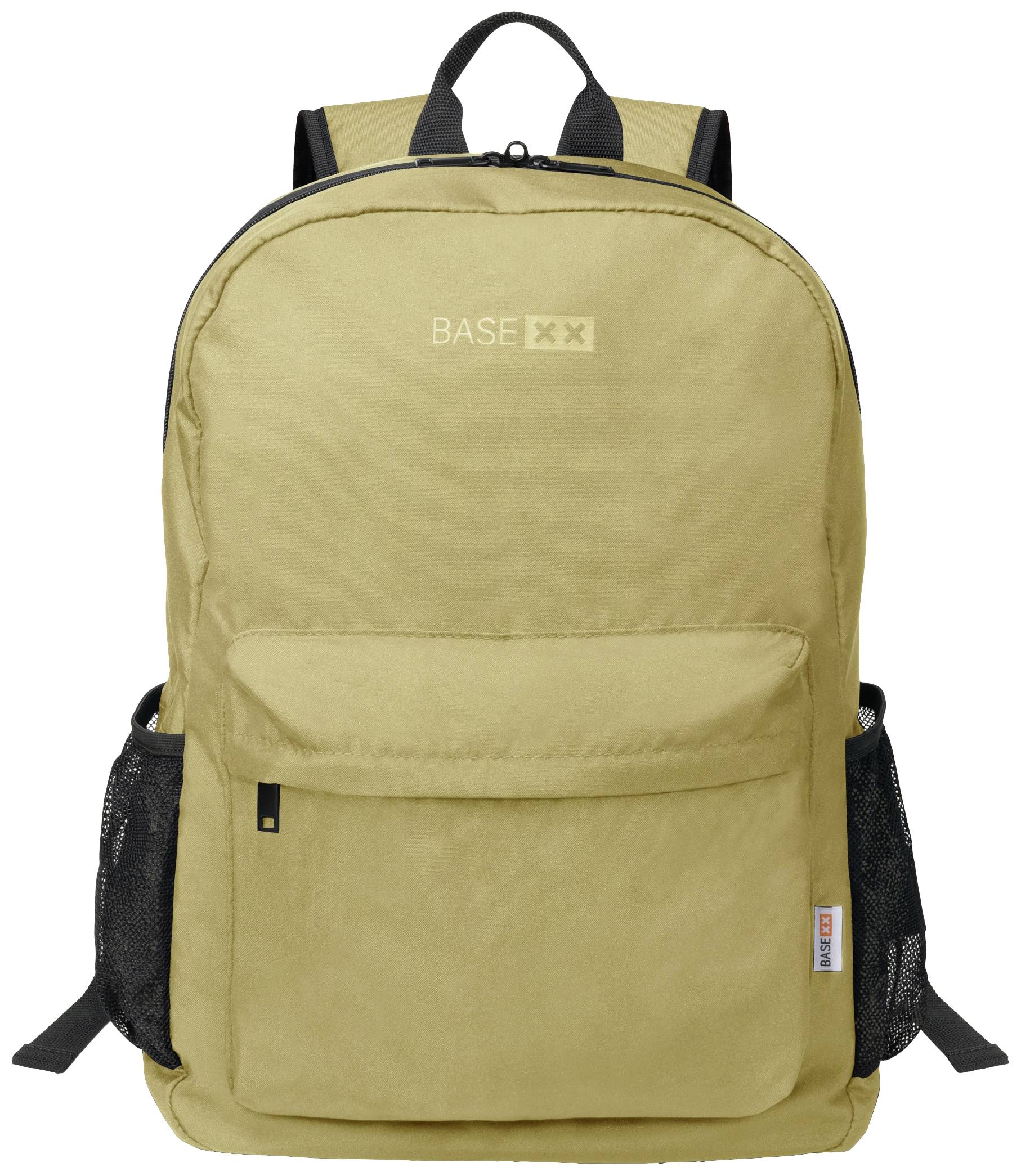 A beige rucksack with two black shoulder straps and a large main compartment. On the front is written 'BASE XX'.