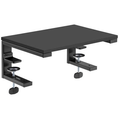 Black desk shelf with two screw clamps for attaching to a desk edge, ideal for extending the working surface.