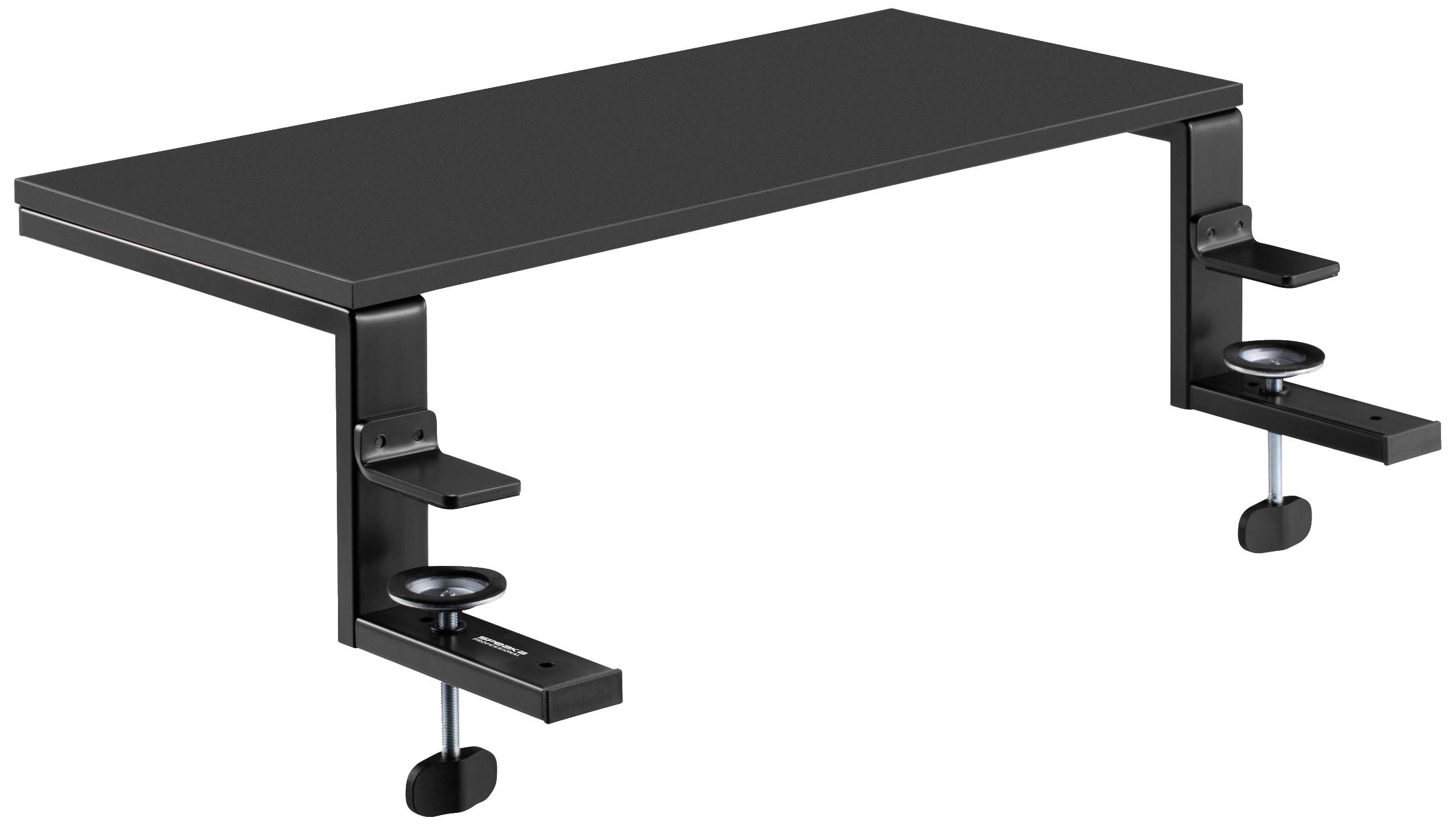 Black desk stand with clips at both ends for easy attachment to a desk.