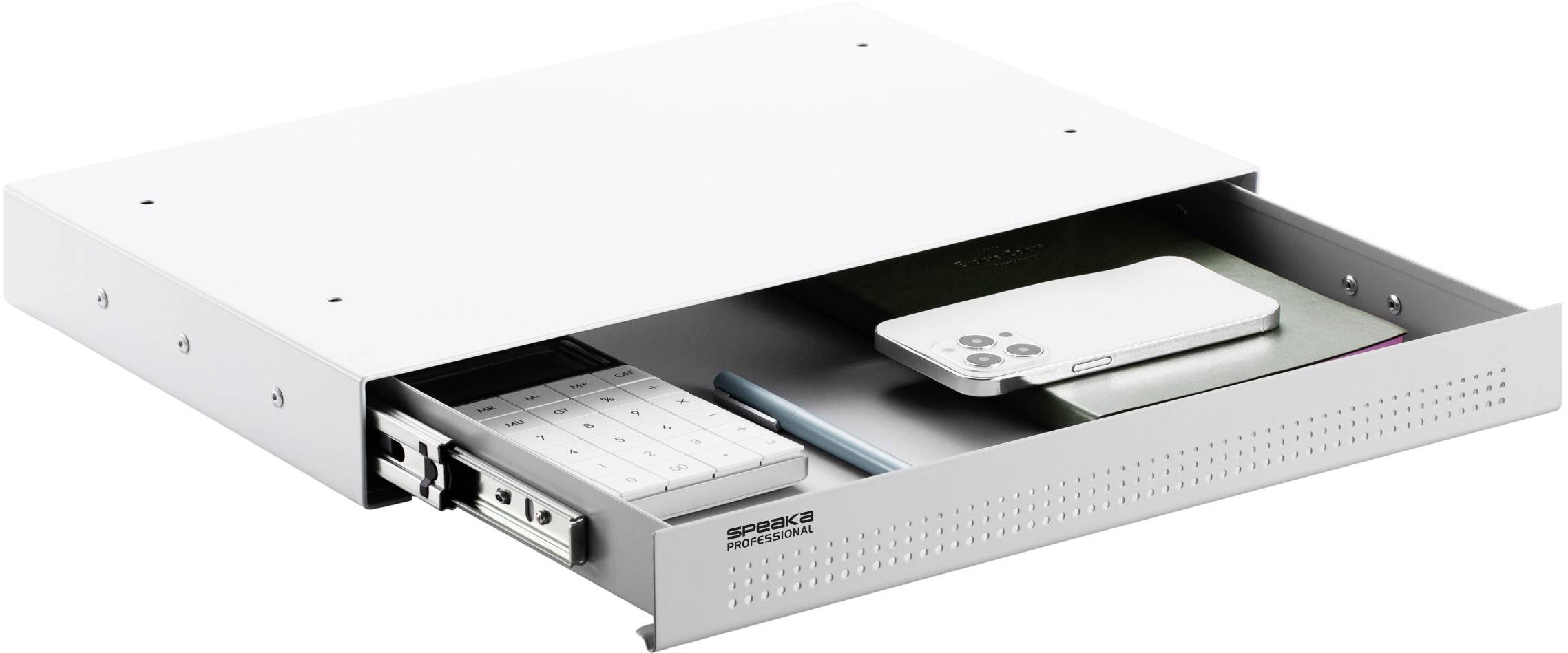 An open drawer with a calculator, a smartphone, a pen and documents. It is functional and organised.