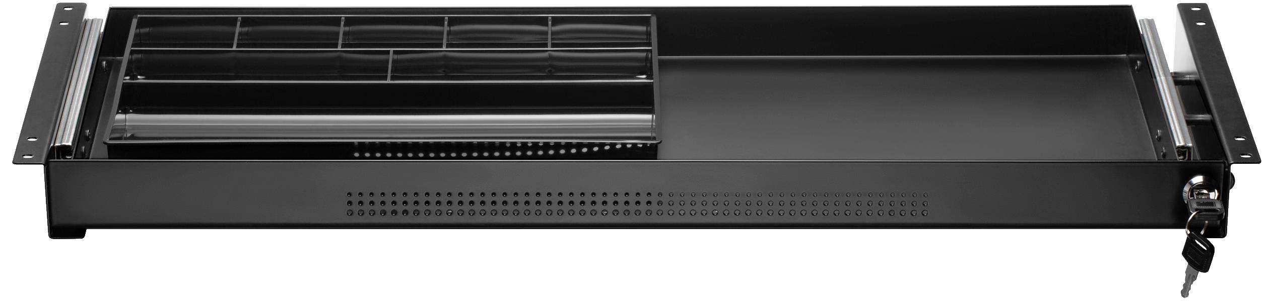 Metallic rack shelf with a lockable lid and storage capabilities, suitable for installation in server or network cabinets.