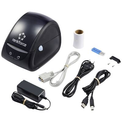 Label Printer Set comprising a black label printer, USB stick, mains adapter, various cables, and a label roll.