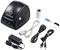 Label Printer Set comprising a black label printer, USB stick, mains adapter, various cables, and a label roll.