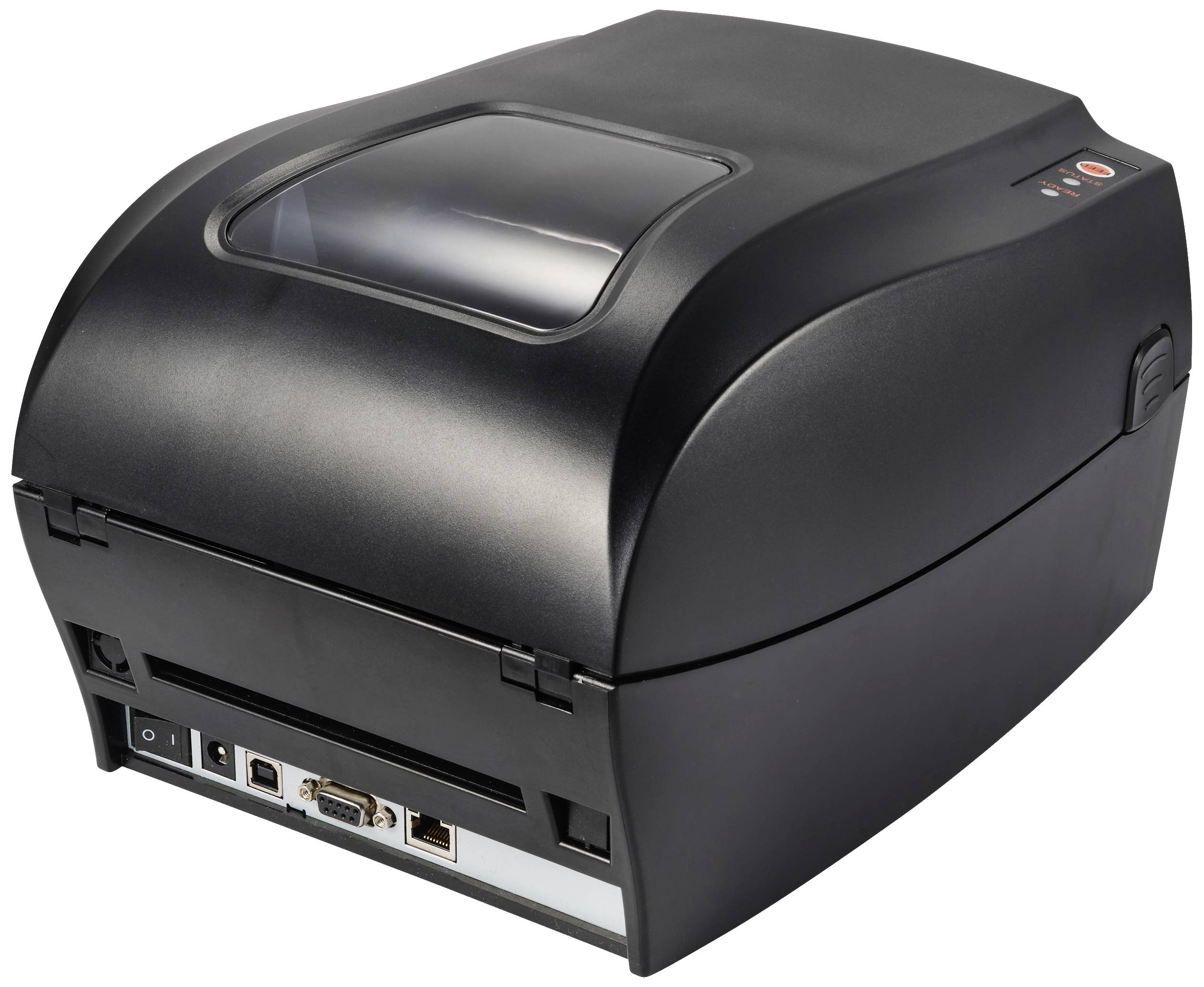 A black label printer with a transparent viewing window on top and multiple connection ports at the back.