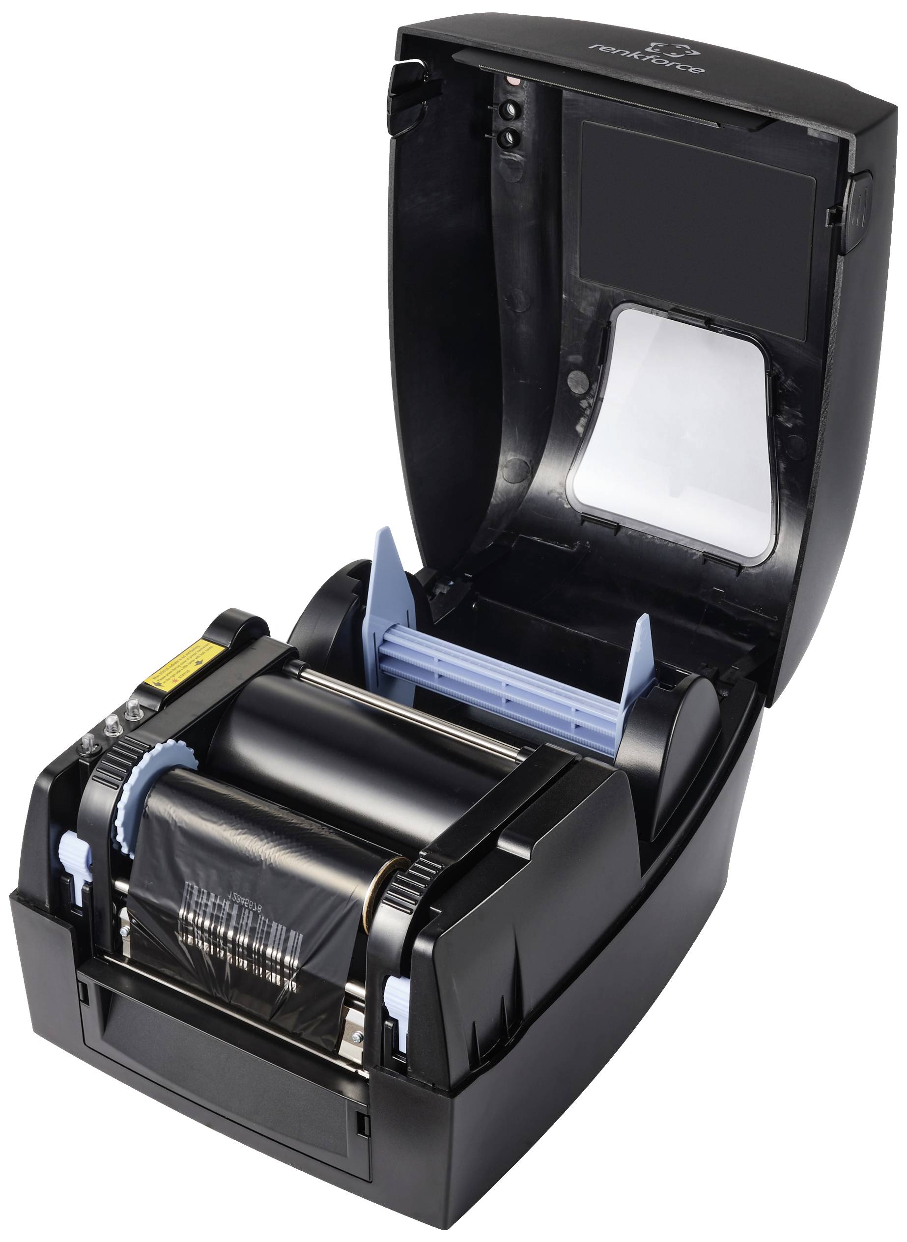 Label printer with open casing, showing internal mechanism with paper roll.
