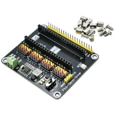 Circuit board for Pico-Servo, with yellow and red connectors. Screws and spacers are positioned on the right side.