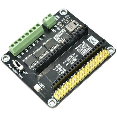 A black printed circuit board model with a green connection block and yellow pin header, used for motor control.