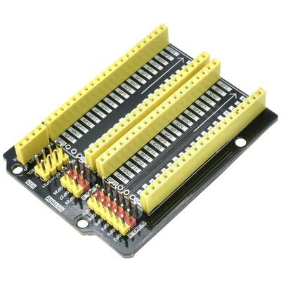 Arduino shield with yellow connection strips on a black circuit board, offering extended slots for additional modules and sensors.