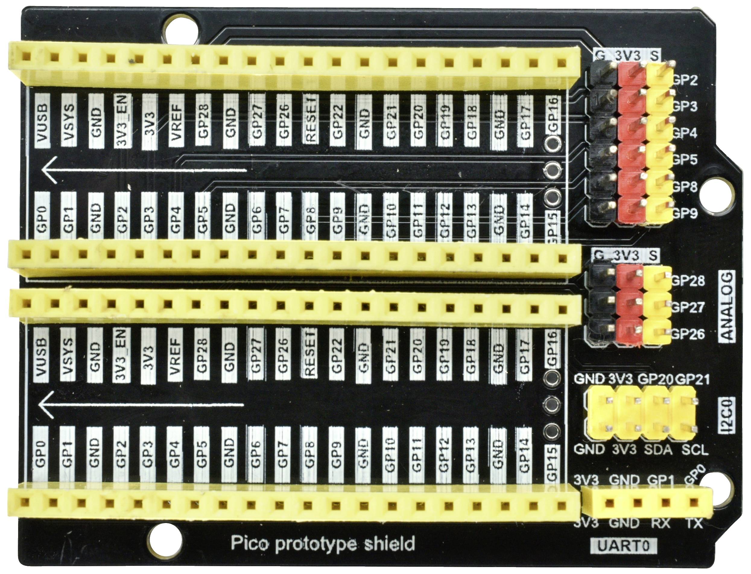 A prototype shield for the Raspberry Pi Pico with multiple yellow-marked connectors and labels for analogue and digital pins.