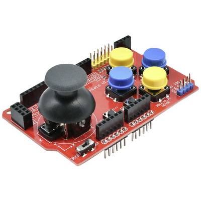 A red Arduino shield with a black joystick, four colourful buttons (two yellow, two blue) and several connection sockets.