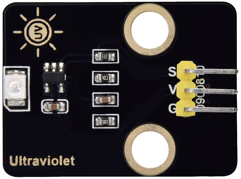 The image shows an ultraviolet light sensor with connections and labels for 'S', 'V', and 'G' on a small black circuit board.