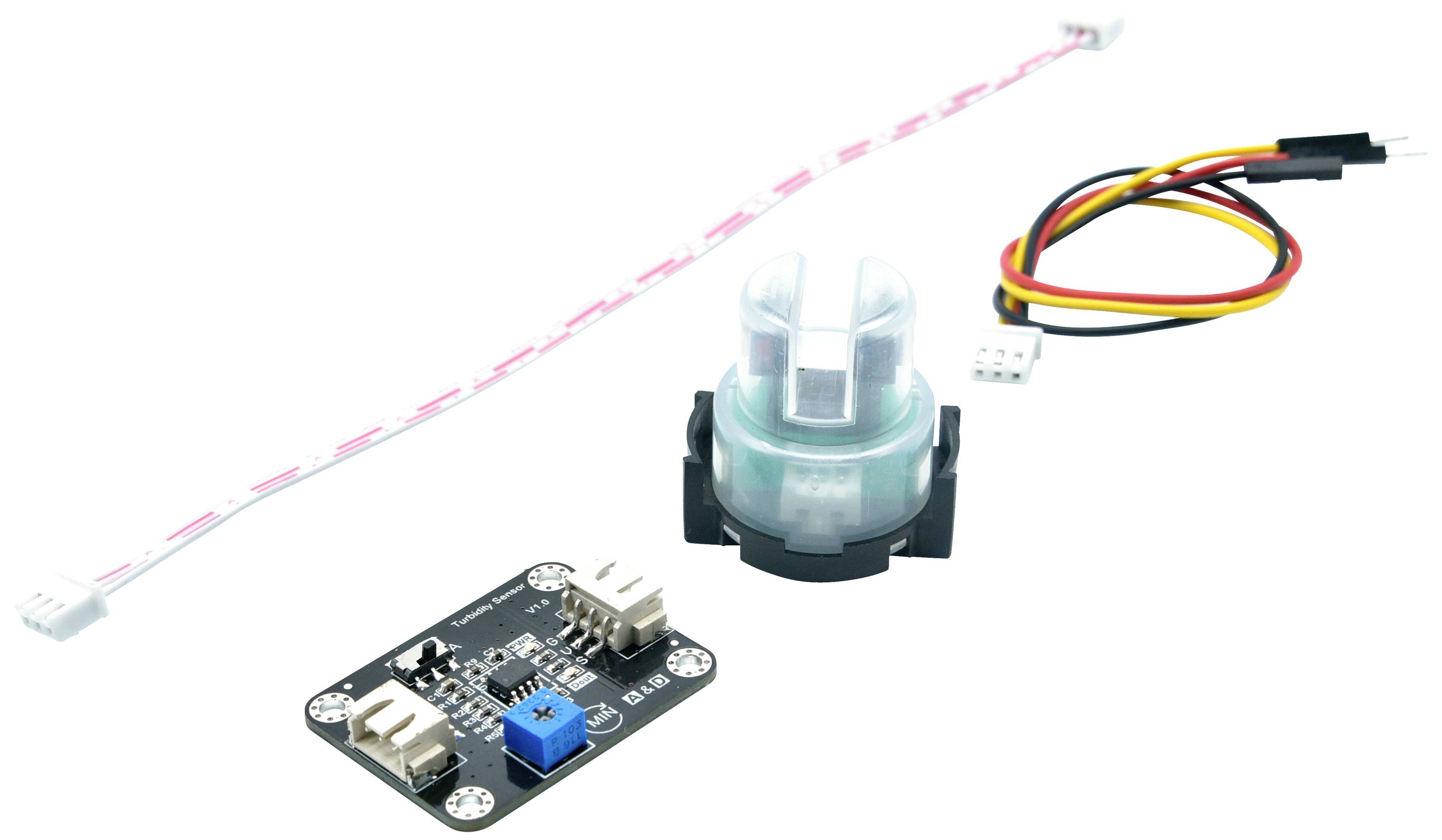 'Electronic circuit board with potentiometer and cables. Contains sensor with plastic housing. Suitable for Arduino projects.'