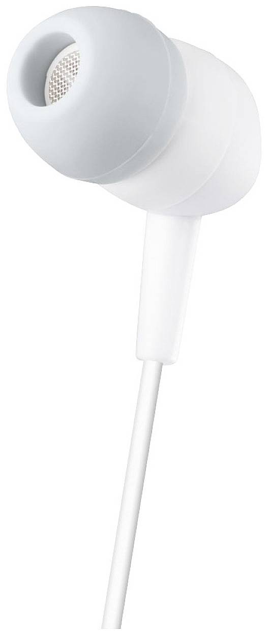Close-up of a white earphone with a grey accent. The earphone has a sleek design and a cable leading downwards.