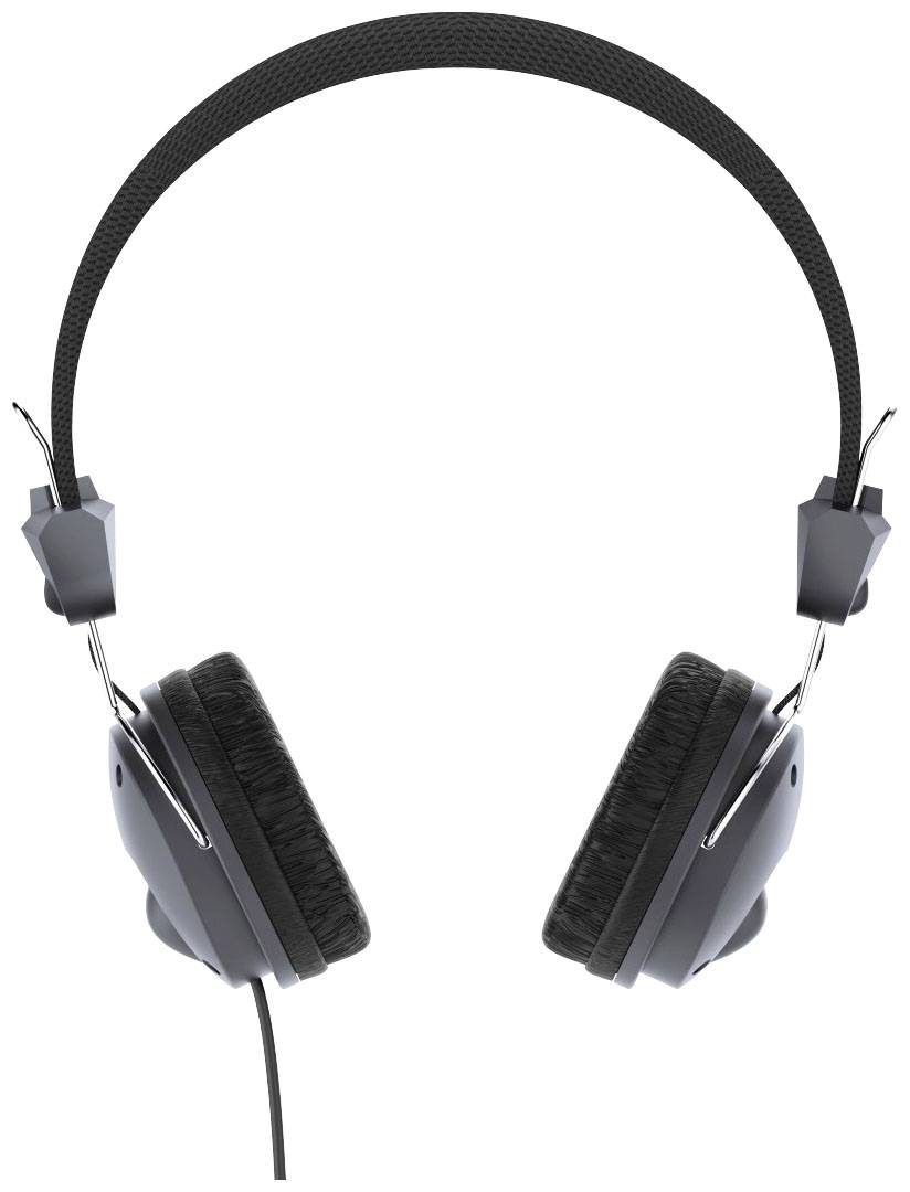 A black, wired headphone with padded ear cups and an adjustable headband.