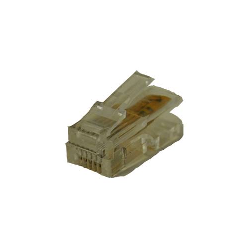 A transparent RJ45 plug, commonly used for Ethernet cables, with visible gold contacts.