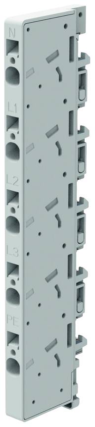 Grey modular connection unit with five socket outlets for electrical connections: N, L1, L2, L3 and PE, vertically arranged.
