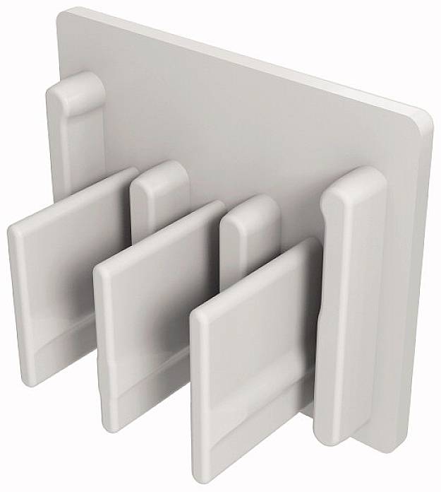 Grey, rectangular plastic holder with four vertical slots for organising cables or documents.
