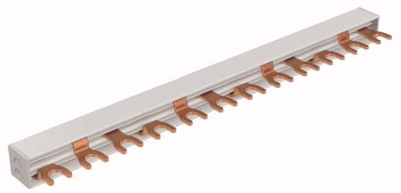 A terminal block with multiple copper connections in a row, used for electrical connection and distribution in a control cabinet.