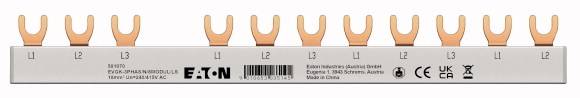 Copper-forked power busbar for electrical energy distribution. Labelled with 'L1, L2, L3' and safety certifications visible.