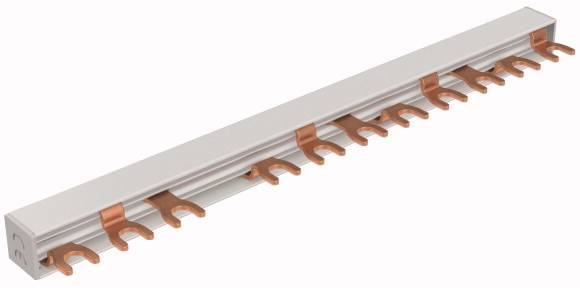 Brass busbar with multiple U-shaped connections, used for electrical distribution in a switching system.