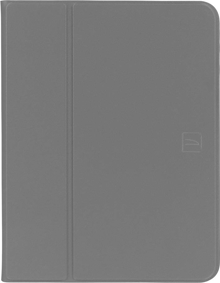 Gray tablet case or cover with a front flap and rounded right edge, shown closed.