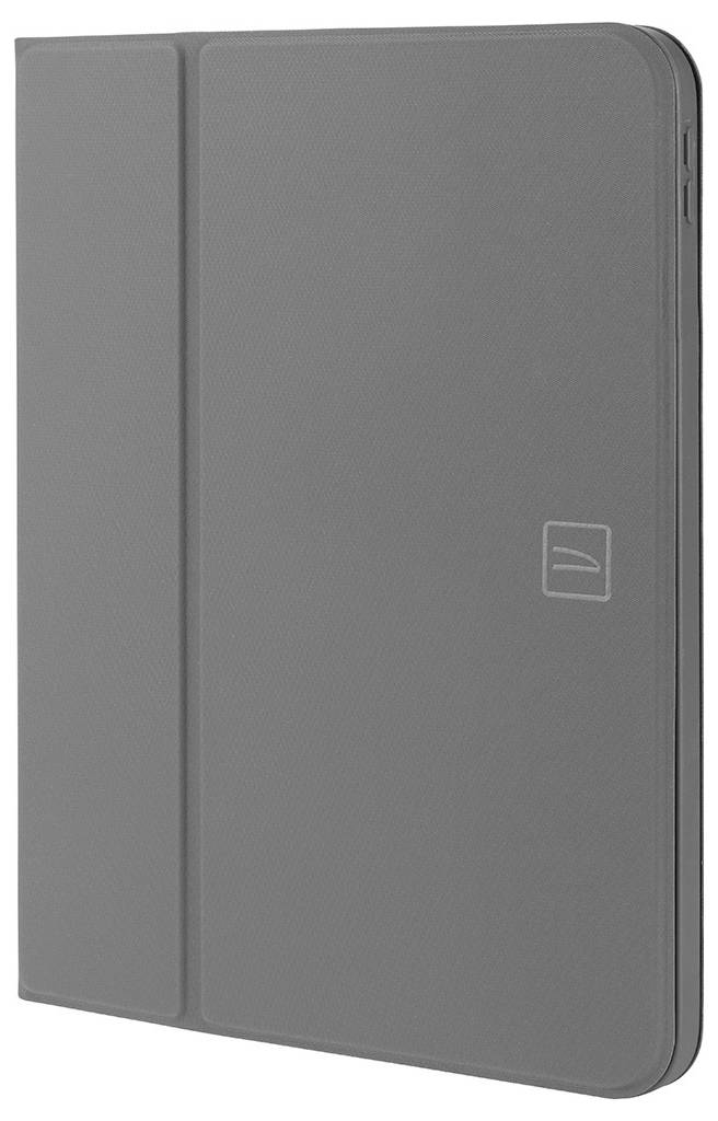 Gray tablet folio case with a front cover and rounded corners, shown closed on a white background.