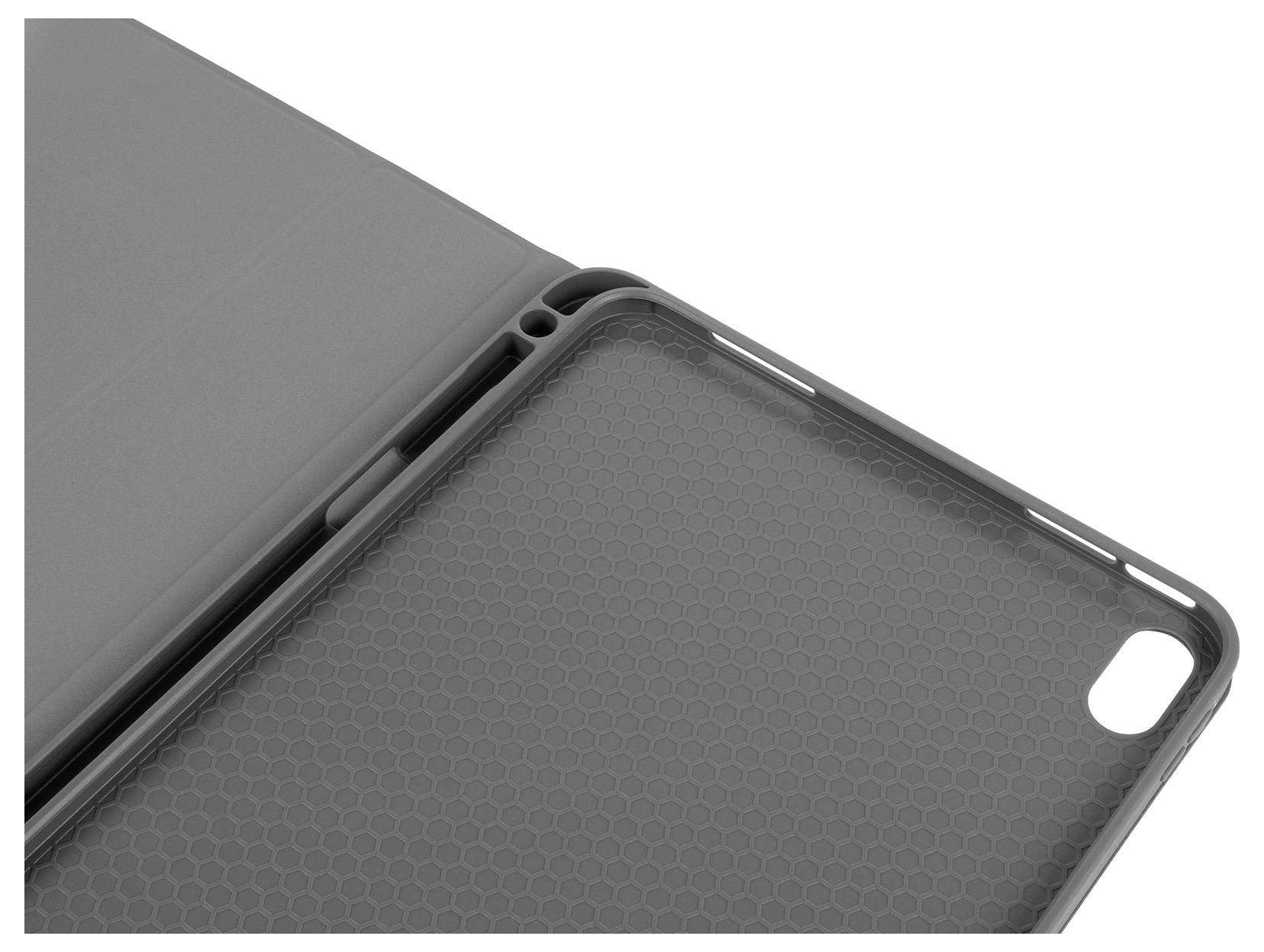 Close-up of a gray tablet case interior with honeycomb texture and camera cutout, showing the protective frame and corner details.<br>