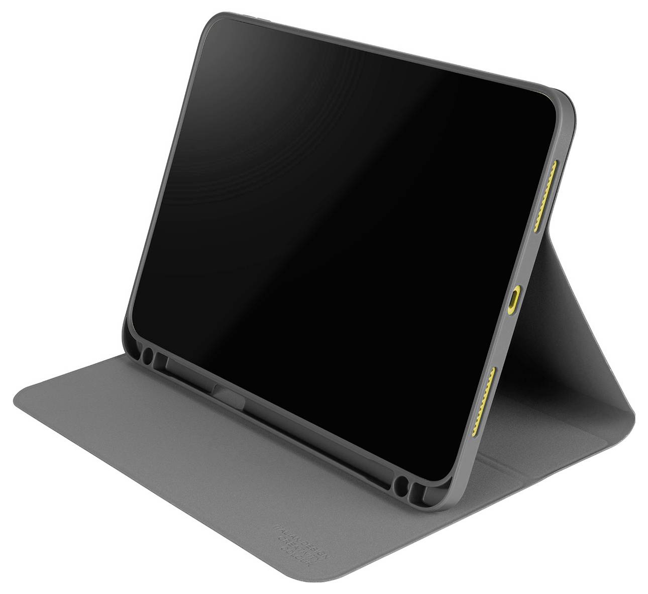 Tablet in a gray folio case with a built-in stand, shown open and angled for viewing.