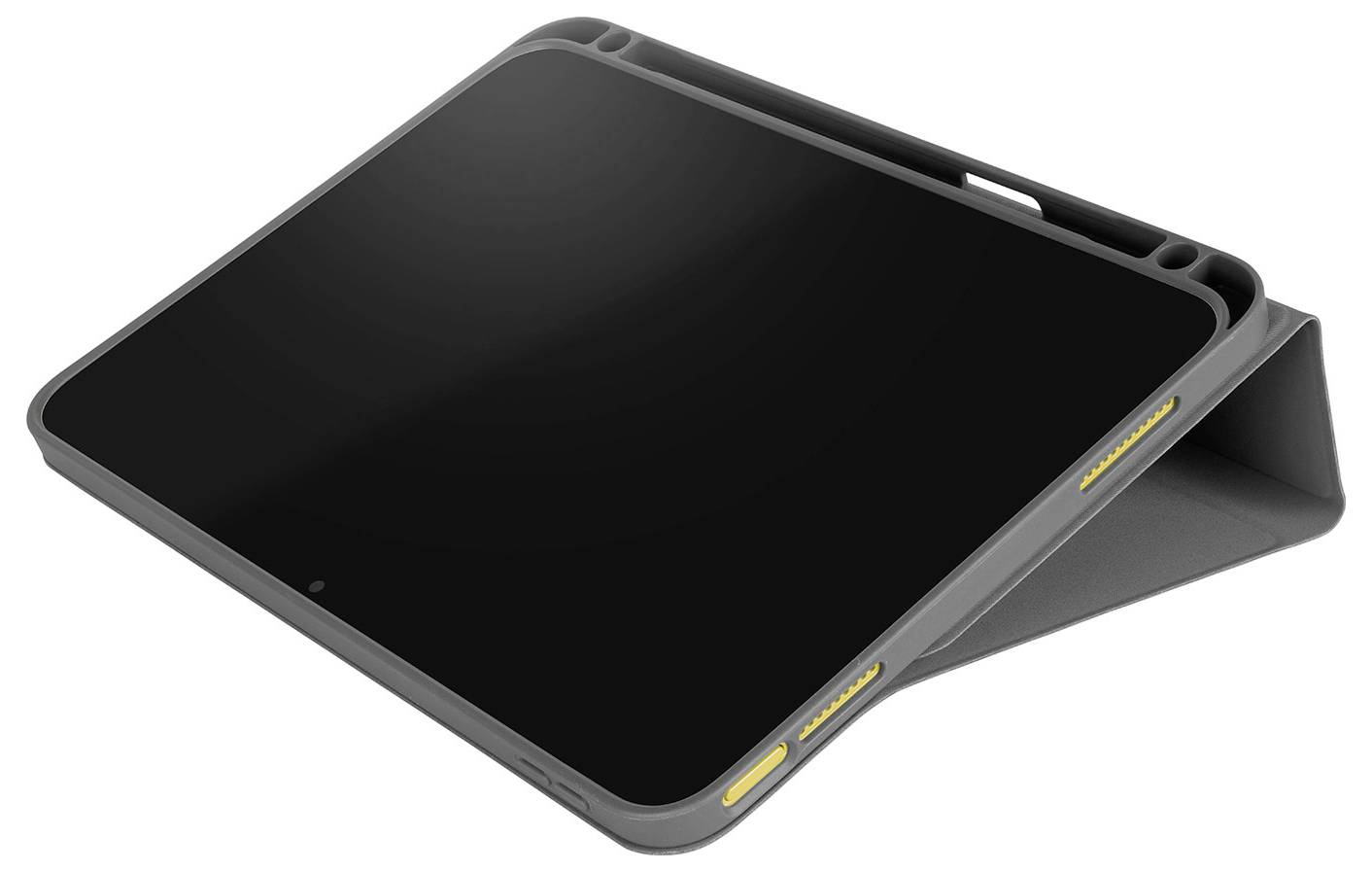 Black tablet in a gray protective stand case, angled in landscape on a white background.
