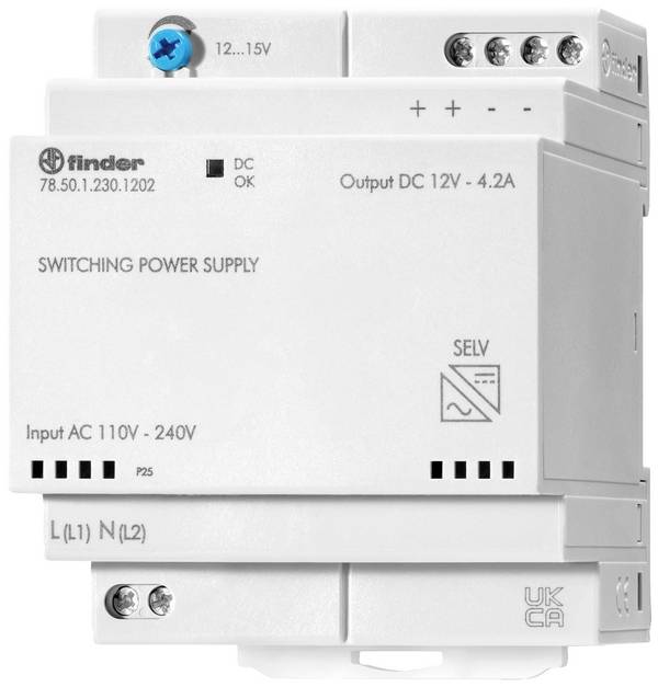 Finder 78.50.1.230.1202 Rail mounted PSU (DIN) 12 V DC 4.6 A 50 W No. of outputs:1 x Content 1 pc(s)