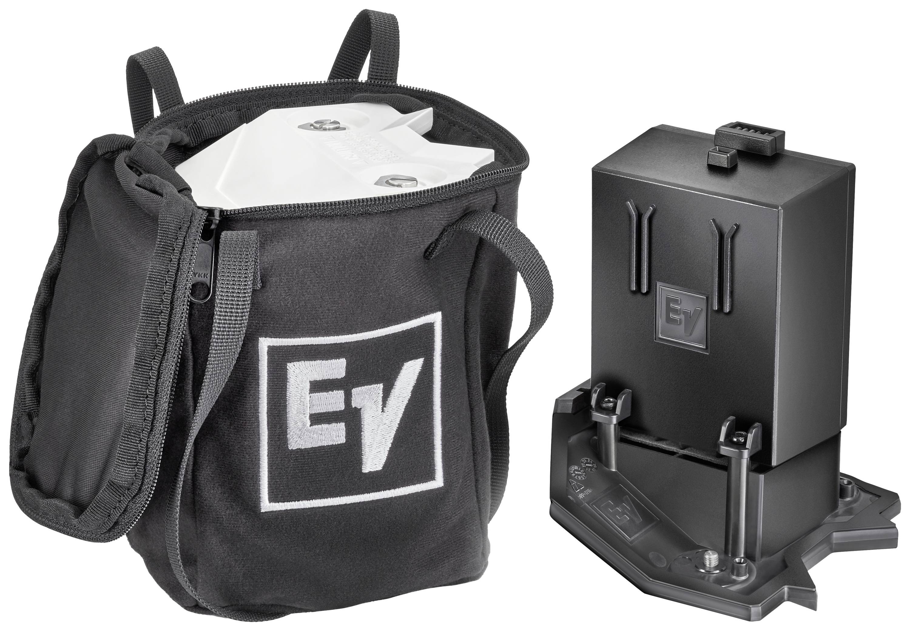 A black bag with an 'EV' logo on the left, beside a rectangular black device with an 'EV' logo and attachment mechanism.