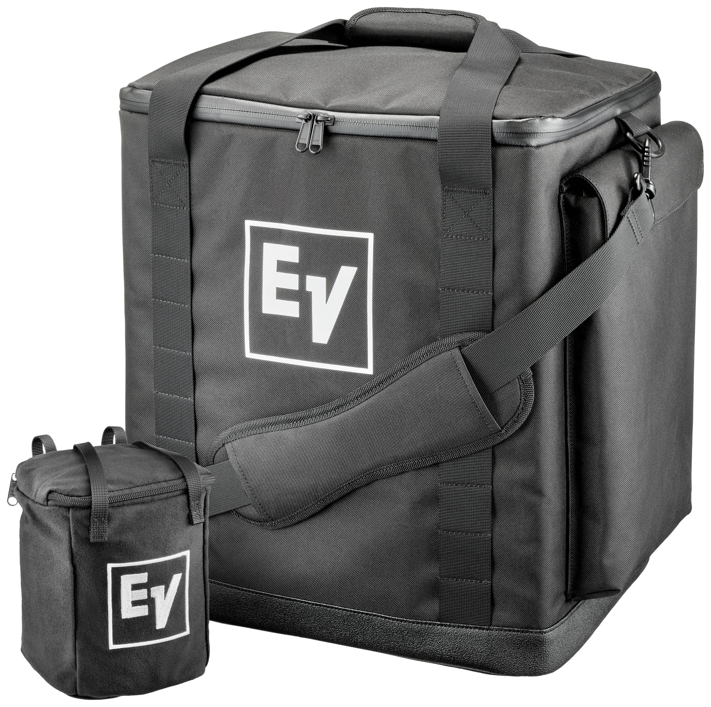 Black tote bag and smaller bag with 'EV' logo, both with straps and zips, suitable for device accessory transport.