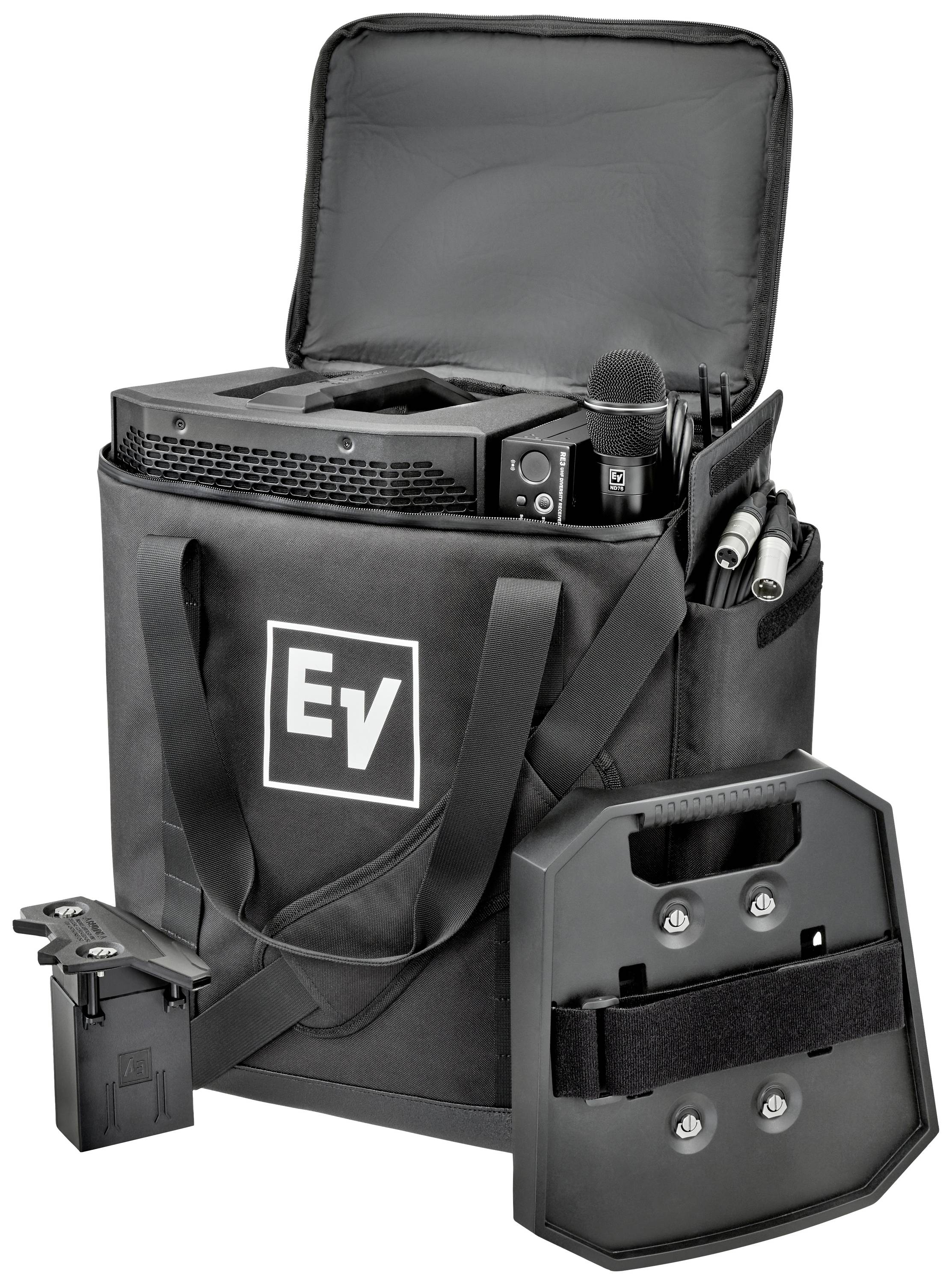 A black carrier bag with speaker equipment, including microphones and cables, displays the 'EV' logo on the front.