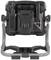 Portable LED construction floodlight with black casing and foldable stand. Rear view showing handle and mounting elements.