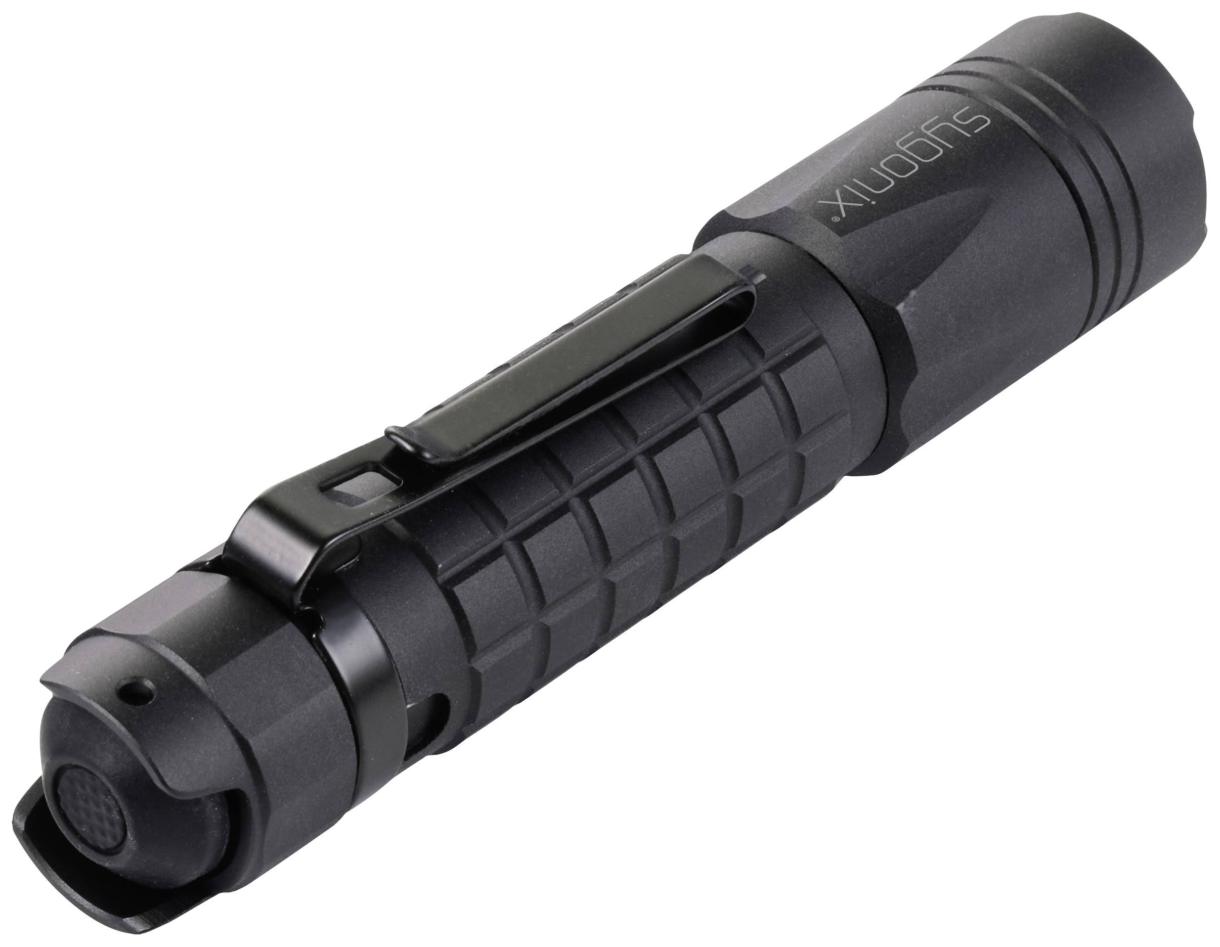 A black torch with a textured grip and a clip on the side.