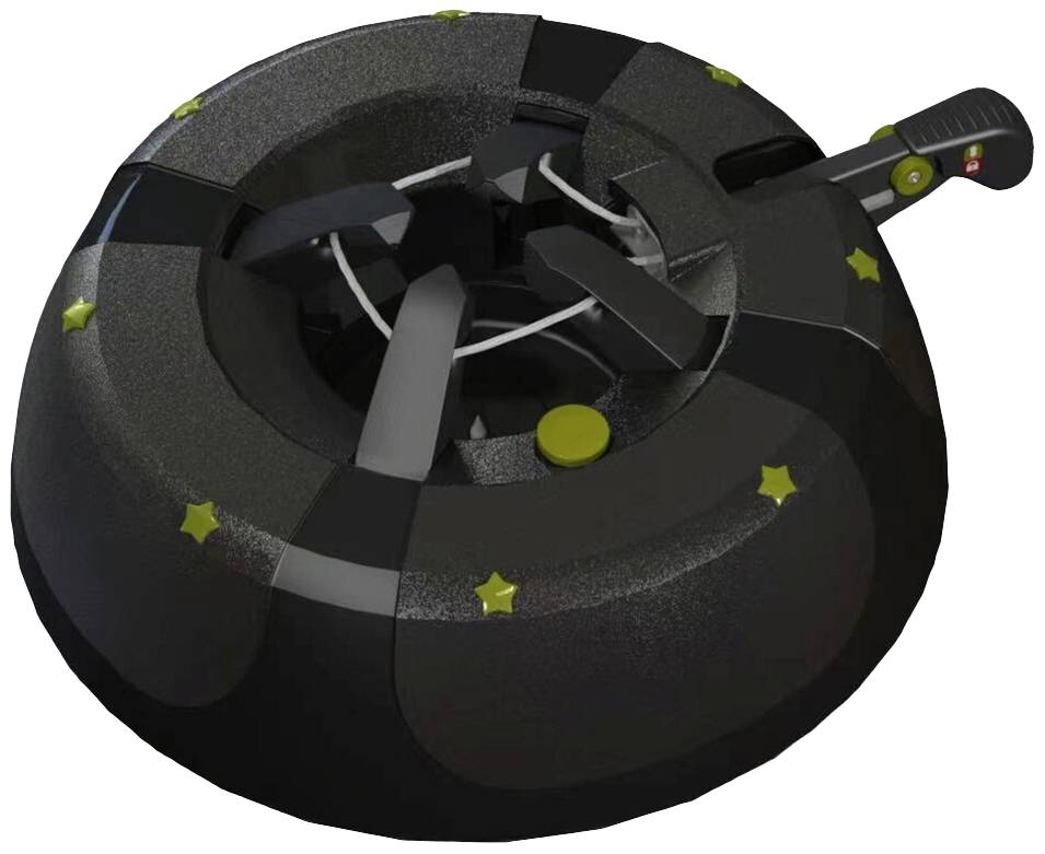 A round, black, futuristic object with star-shaped markings and a small lever control on its side.