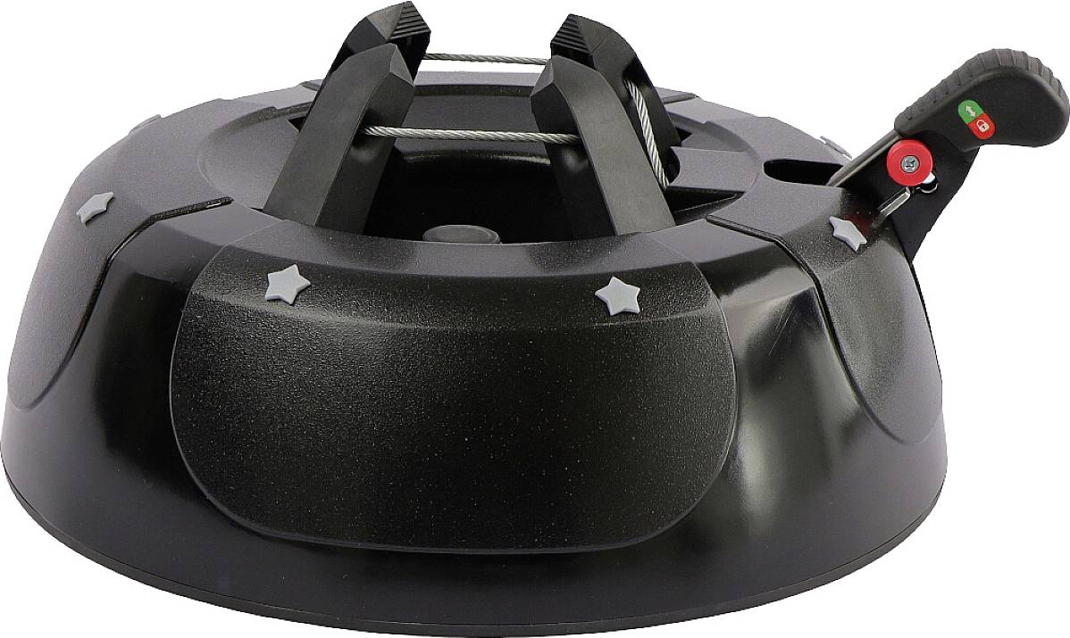 A black Christmas tree stand with two clips and a lever, adorned with silver stars, demonstrates both function and decoration.