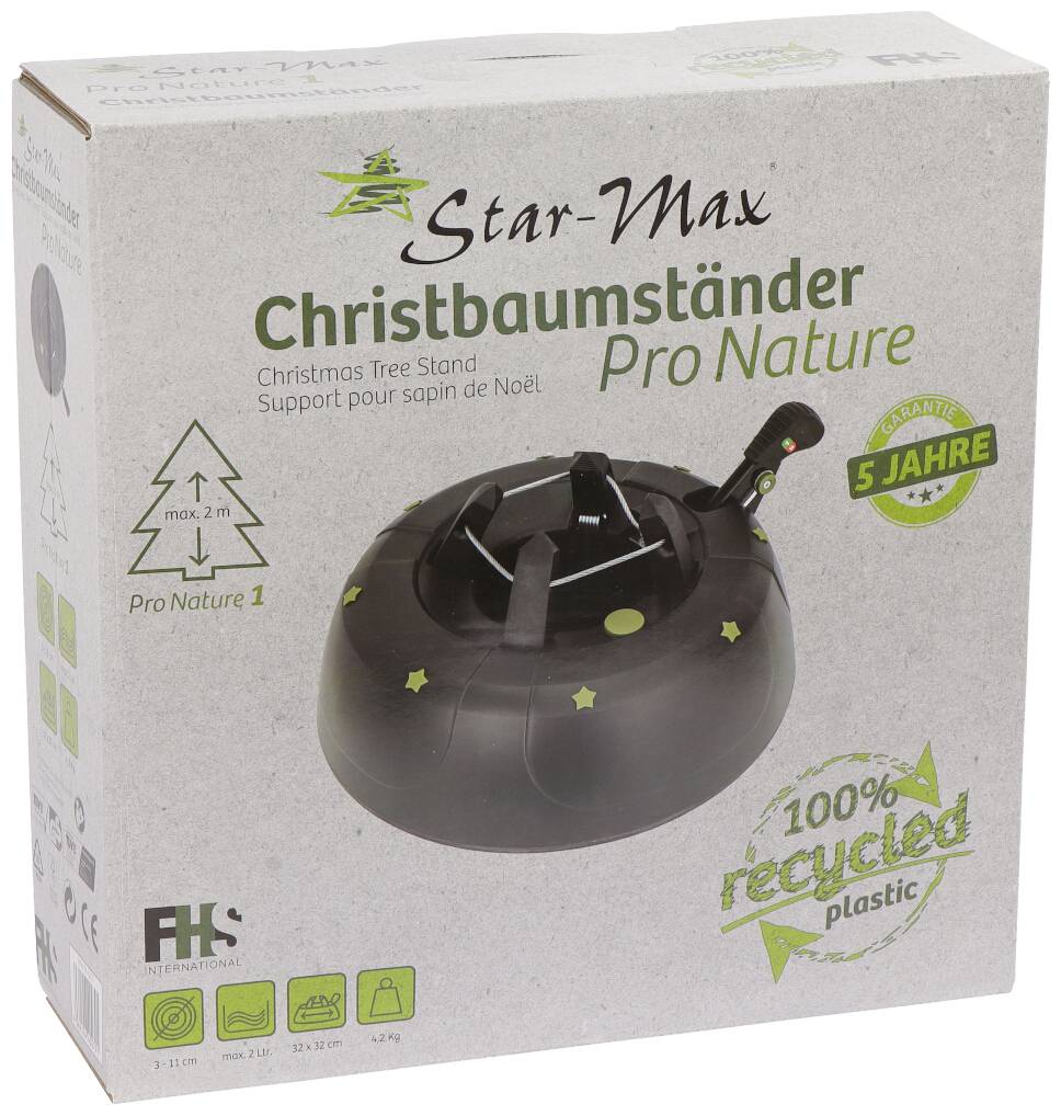 Cardboard box for a Christmas tree stand 'Star-Max Pro Nature', made from 100% recycled plastic, with 5 years' warranty.