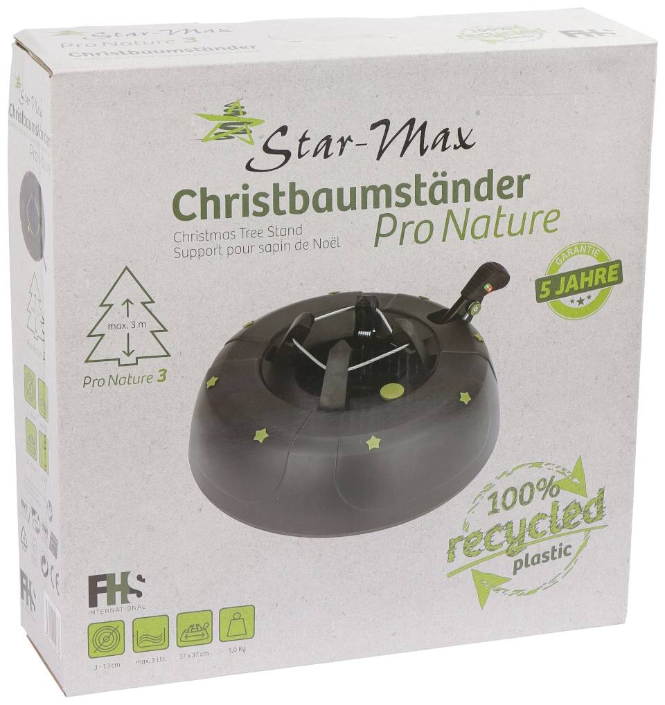 Packaging for a Christmas tree stand 'Star-Max Pro Nature' made from 100% recycled plastic. Displays the product with lever and 5-year guarantee.