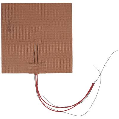 An electric heating pad with a square shape and red surface. Several red and black cables protrude from the pad.