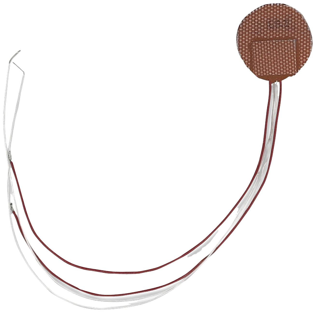 'Circular copper or PCB board with connected red and white wires, potentially part of an electrical circuit.'