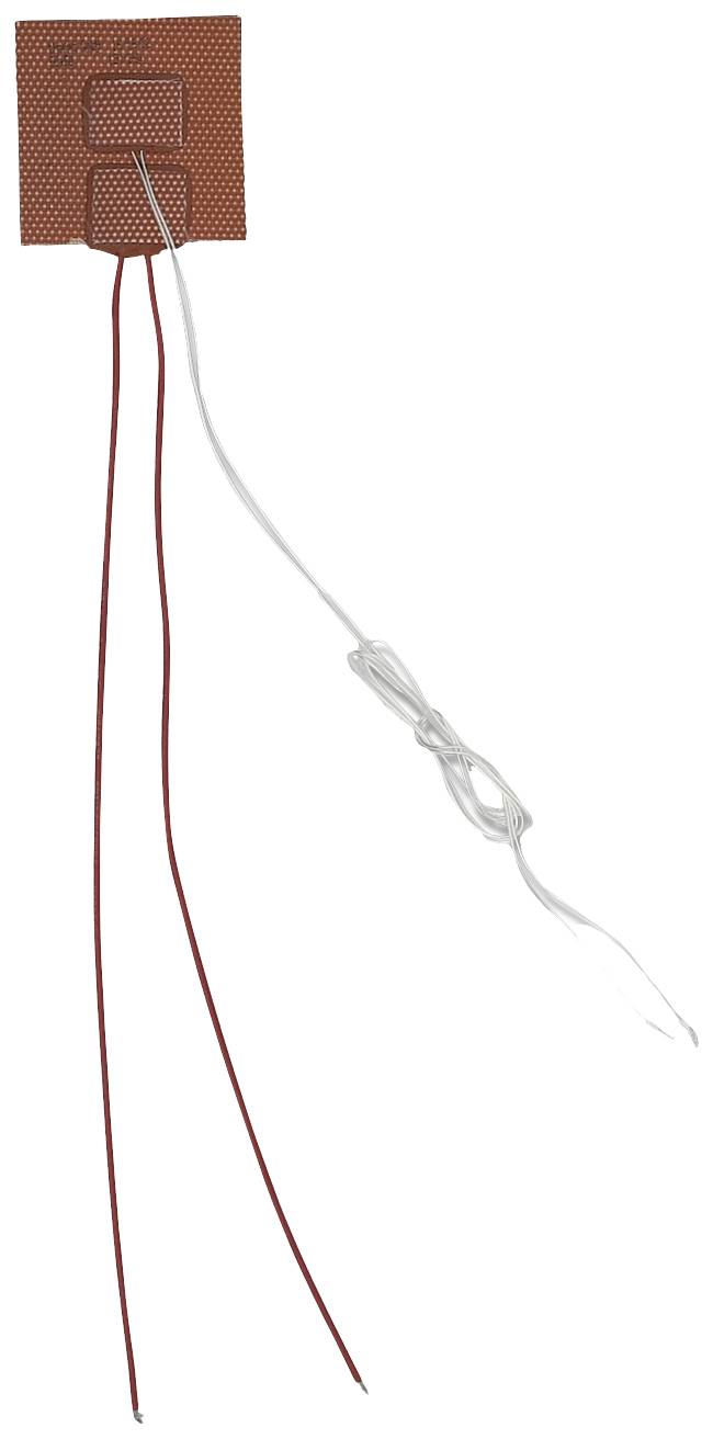 A rectangular sensor with two red and one white cable emerging from it. The cables are partially bundled together.