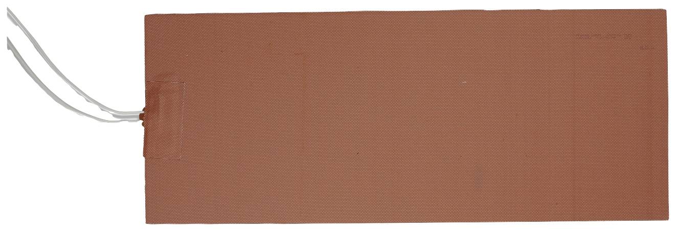 A rectangular heating pad with an attached cable. The pad is brown and has a smooth surface.