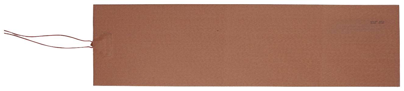 Red, rectangular paper label with two thin red threads on the left side.