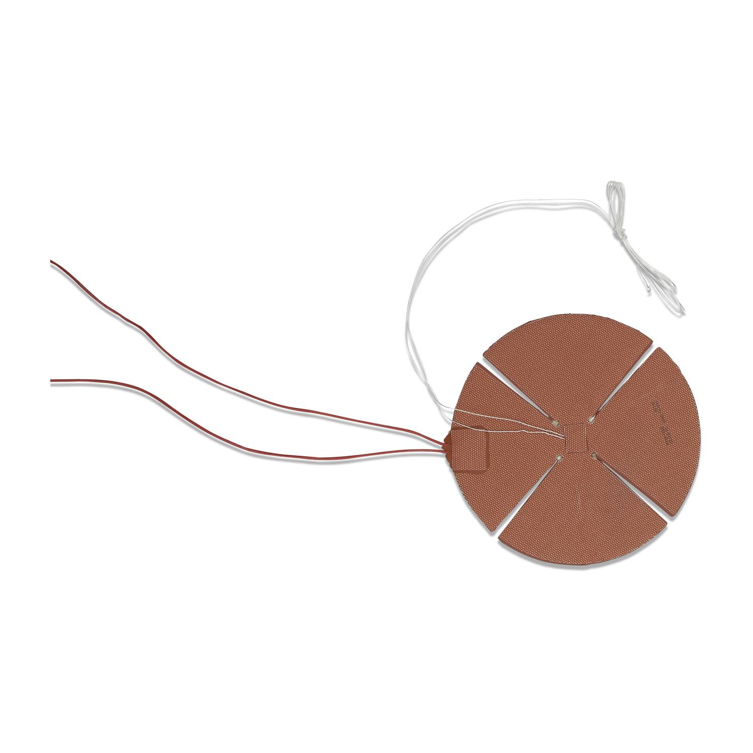Round brown heating resistor with four segments and power supply cables, against a white background.