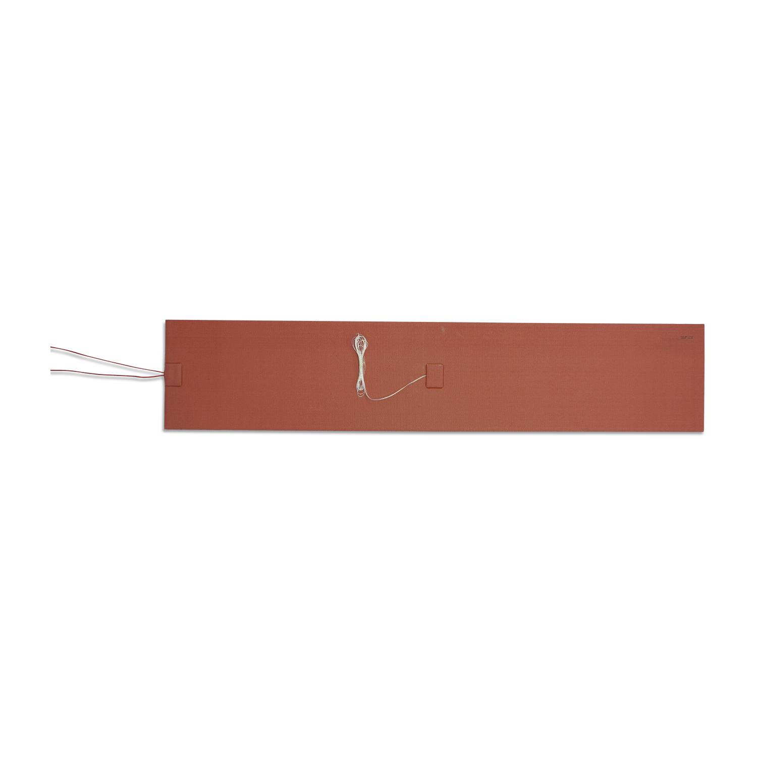 A rectangular, red heating element with cables on one side, for use in heating devices or similar applications.
