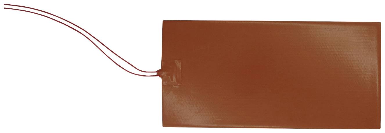 A rectangular, flat heating element made of brown material. Two red wires lead out from one side.
